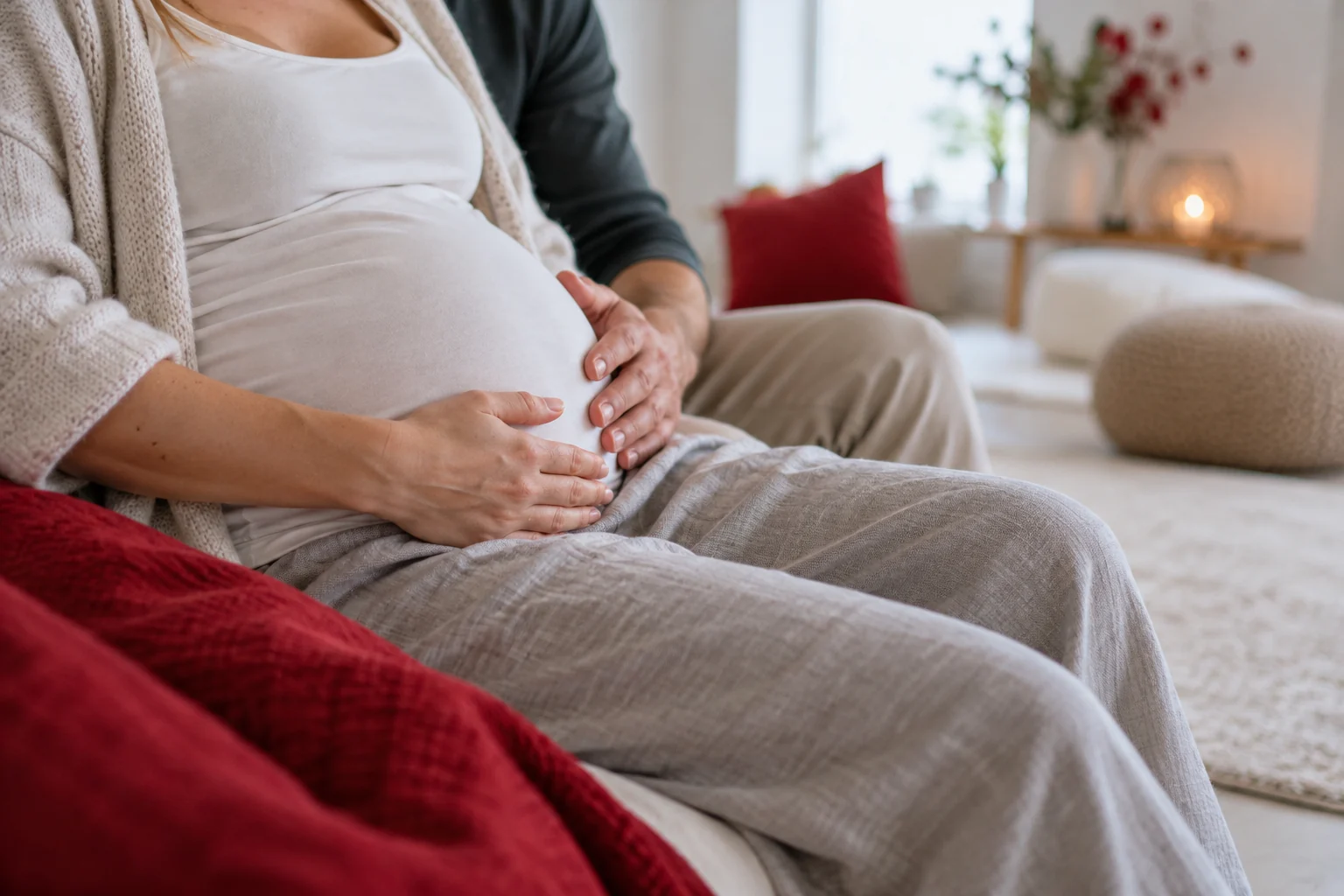 Schwangere und Begleitperson legen ihre Hände auf den Bauch, ohne sichtbare Gesichter